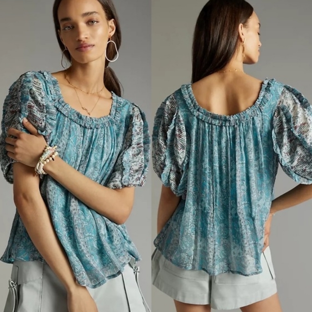 ANTHROPOLOGIE-Pintucked Chiffon Blouse- Size Large